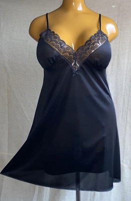 Vintage Unterrock mit durchgehendem Slip, schwarz rutschig glänzend transparent Nylon & Spitze, UK 14-16