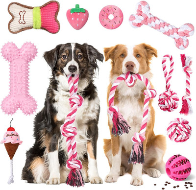 12 Pack Large Dog Chew Toys for Aggressive Chewers Pink Dogs Teething Toys with