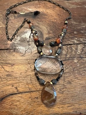 Vintage Signed Maya Evangelista Real Gemstone Antiqued Brass Necklace 18  Long