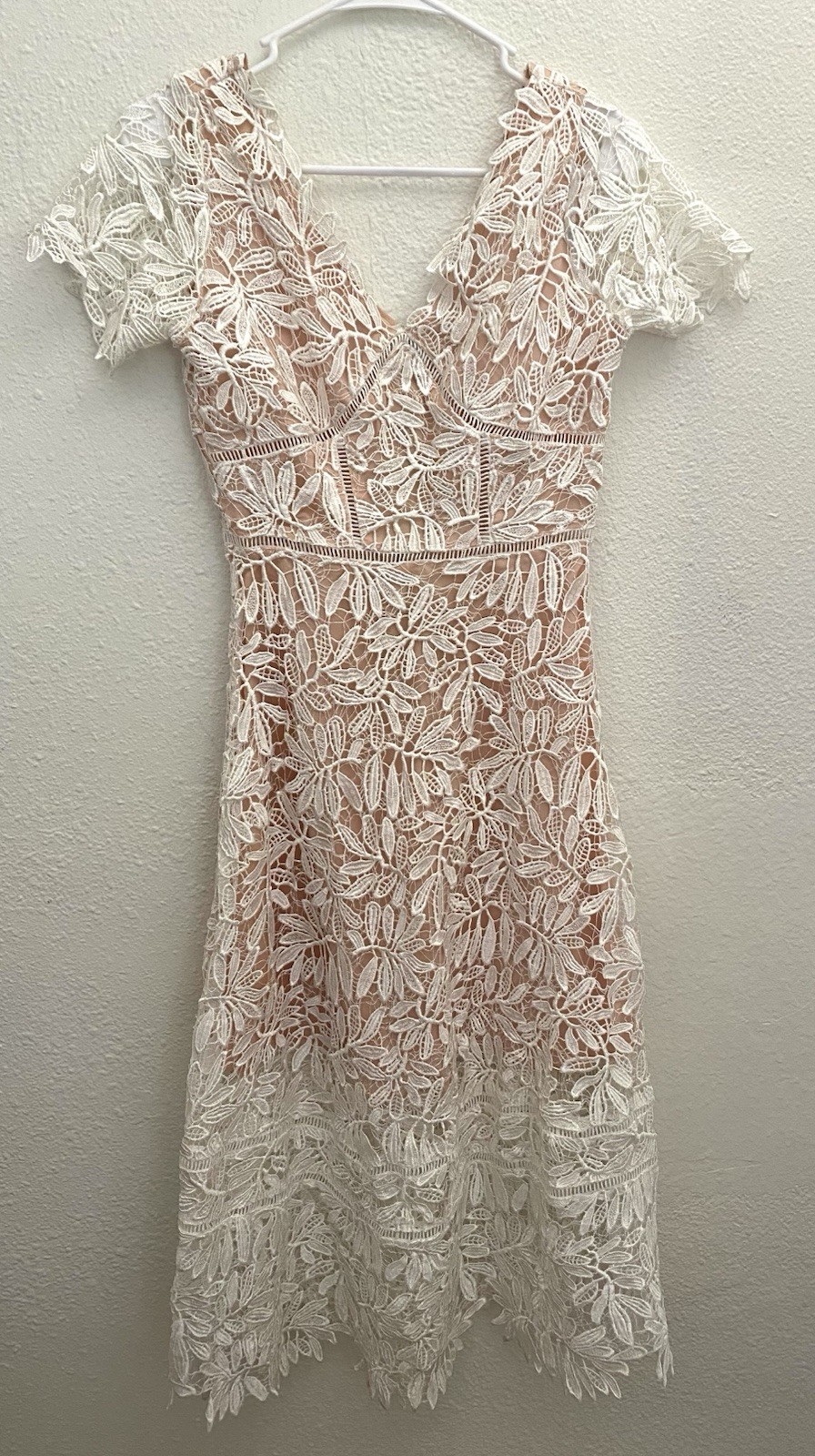 Kimilily White Pink Floral Embroidered Lace Lined Zip Midi Dress V-Neck S
