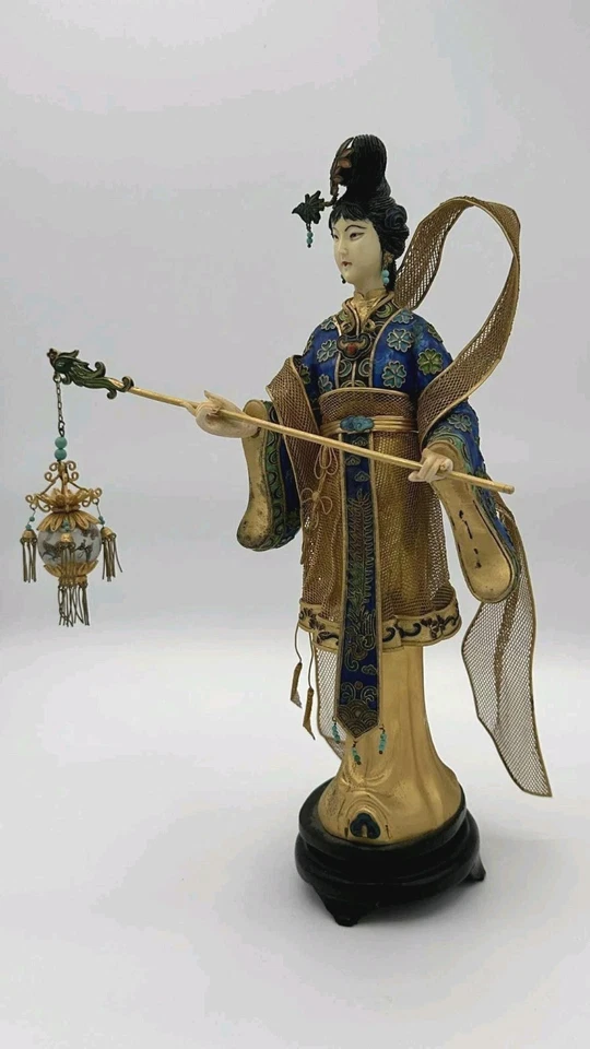 Vintage Chinese Cloisonné Gilt Filigree Lady Lantern Figure Leizu Style 10.25" - Image 4 of 4