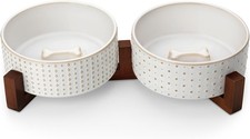 Dog Bowl Set W/ Walnut Wood Stand 3.5 Cups Ceramic Pet Bowls Puppy Dogs Dual
