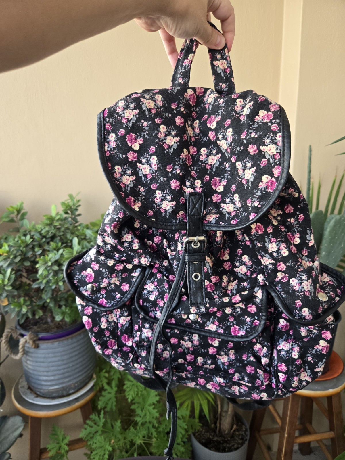 Floral Canvas Backpack with Multiple Pockets, Dra… - image 1
