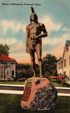 Postcard Linen Statue of Massasoit Plymouth Massachusetts Native American 