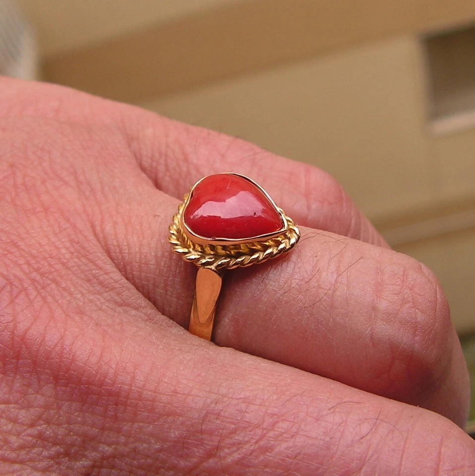 HUGE Ring Coral RED HEART VERY BIG GENUINE Silver Gold  8 BEAUTIFUL ONE - Image 3 of 4