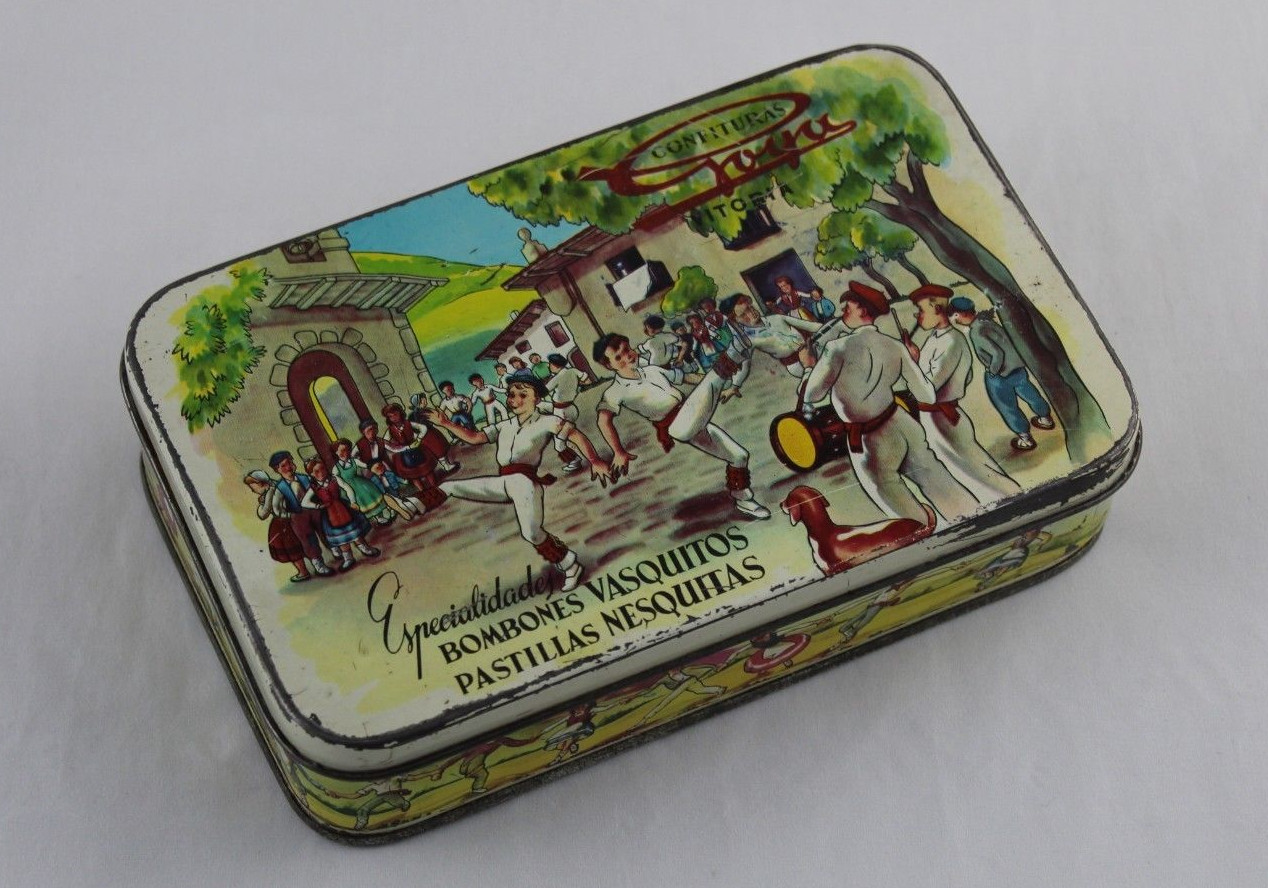 Antigua Caja de Hojalata Vasquitos CONFITURAS GOYA Vitoria Baile Popular.
