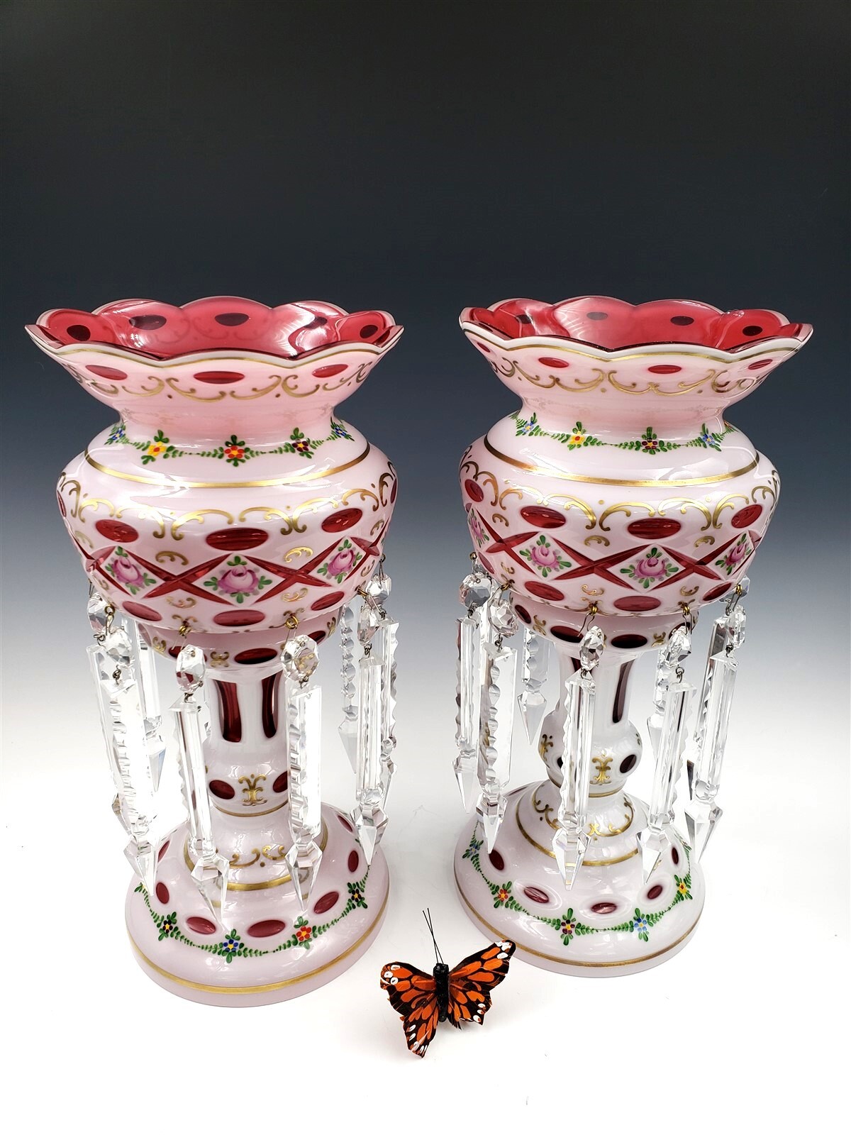 Bohemian Overlay Cut Crystal Mantle Lusters Large Set eBay