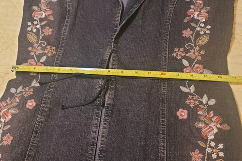 Elements by Vakko Medium Embroidered Blue Denim Duster Long Coat Goat Suede Trim - Picture 22 of 24