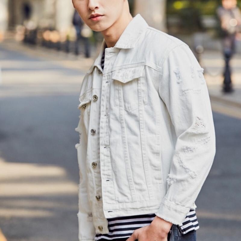 Herren Jeansjacke Mantel Zerrissen Distressed Langärmlig Slim