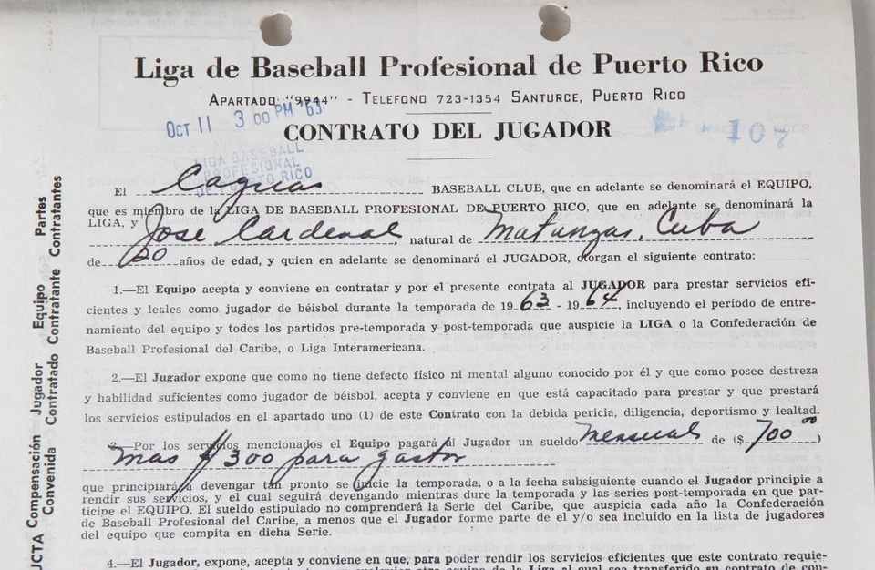 José Cardenal Firmado Contrato Gigantes - Certificado de Autenticidad JSA Foto 2 de 4