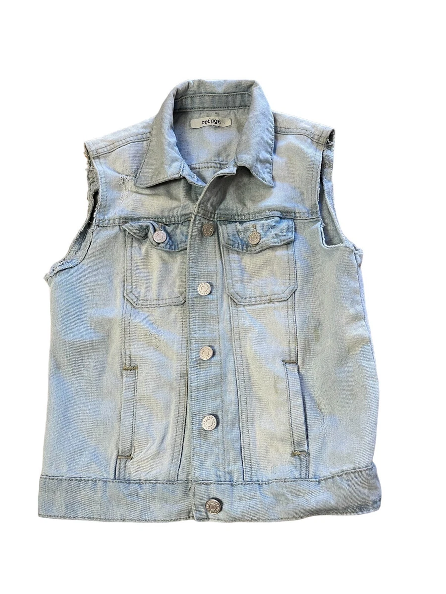 Refuge Vest Womens XS Light Blue Denim Vest Cotton Blend Distressed