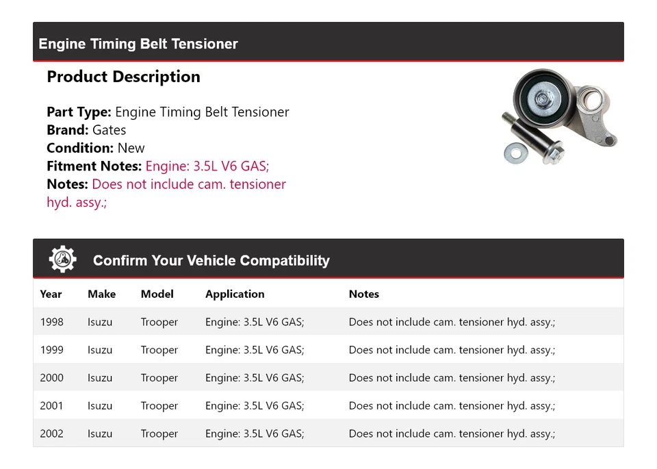Para Isuzu Trooper 1998-2002 3,5 L V6 Motor Gas Correa Tensora Puertas 1999 Foto 2 de 4