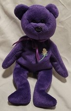 1997 Ty Beanie Babies Princess Bear. Princess Diana Bear. Purple w. White rose