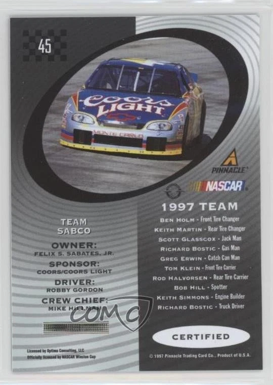 1997 Pinnacle Certified Robby Gordon Felix Sabates Mike Hillman #45 Rookie RC - Image 2 of 2