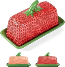 Cute Butter Dish With Lid For Countertop Strawberry Ceramic Red 