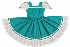 Vintage Teal Square Dance Dress Trimmed with White Eyelet Lace Size M