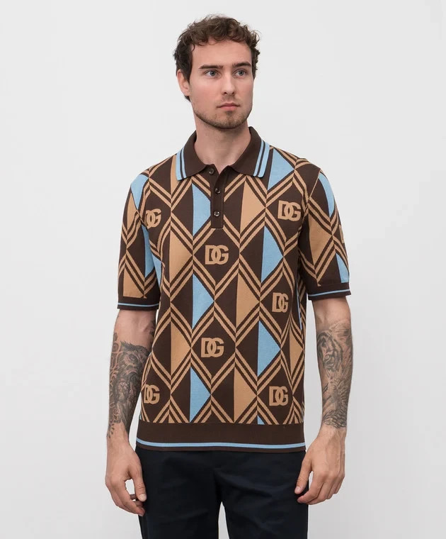 DOLCE & GABBANA Polo Shirt Mens Size 48 Brown Jacquard Cotton