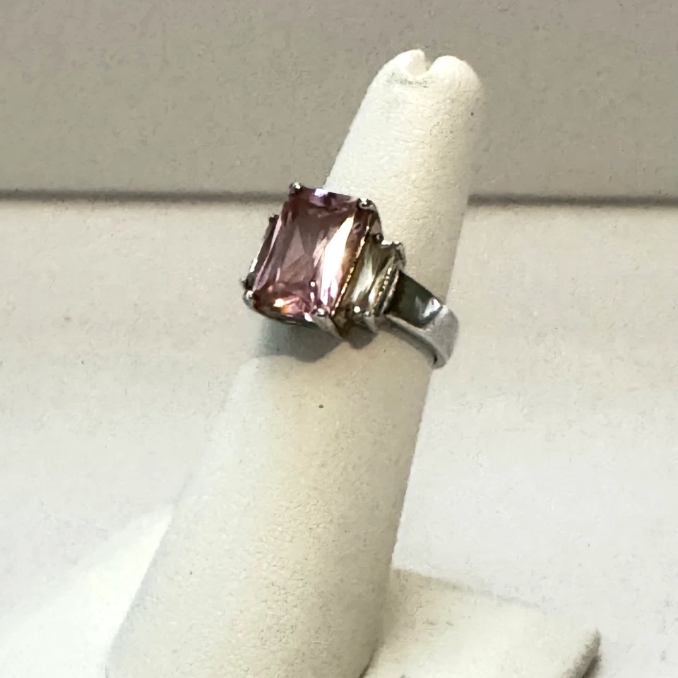 Emerald Cut Ring Pink Turmaline Solitaire CZ Baguettes NF 925 Silver Sz.5 - Image 2 of 4