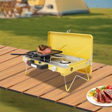 3500W Portable Dual-Burner Gas Stove w/Tray Outdoor Camping BBQ Cooker Windproof