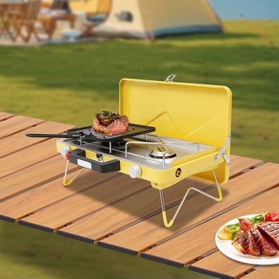 3500W Portable Dual-Burner Gas Stove w/Tray Outdoor Camping BBQ Cooker Windproof