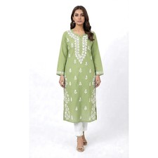 Hand Embroidered Pista Green Cotton Kurti: Pure Straight Cotton Kameez Women