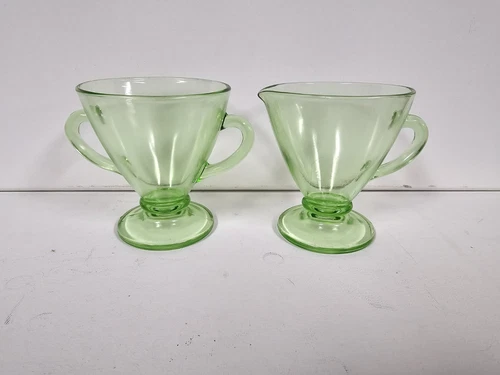 Vintage Depression Glass Sugar & Creamer Uranium Trophy Handles UV Reactive