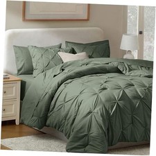 9 Piece Comforter Set   Pinch Pleated Bed in a Bag   Queen Olive Green