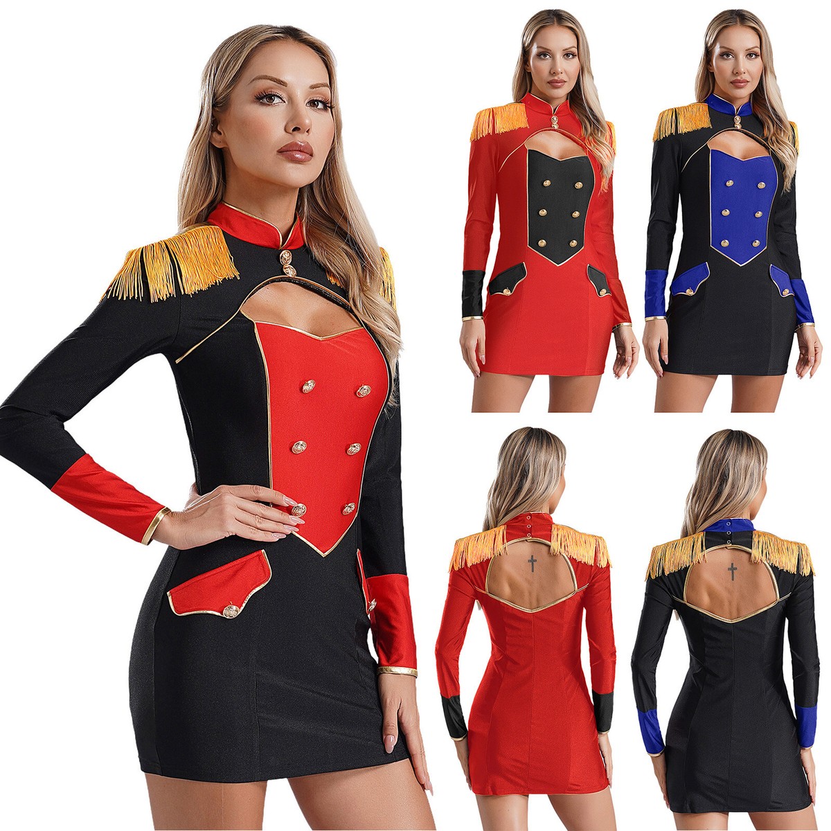 Womens One Piece Buttons Circus Vintage Dress Epaulettes Uniform Ringmaster