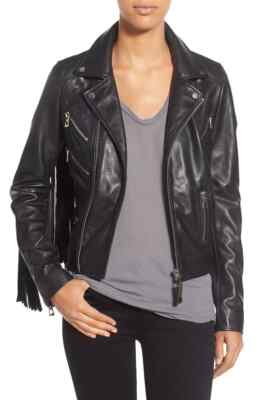 New Womens Black Real Lambskin Leather Jacket Fringe Jacket Motorcycle Stylish