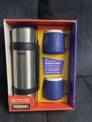 Vintage Thermos Combo Travel Set New in Box 2QT Stainless Steel Vacuum & 2 Mugs