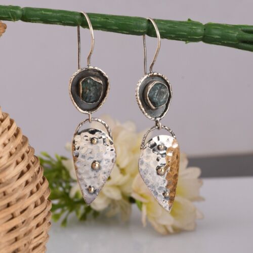 Hammered Leaf Dangle Earring 925 Silver Rough Apatite Healing Crystal Jewelry - 第 1/8 張圖片