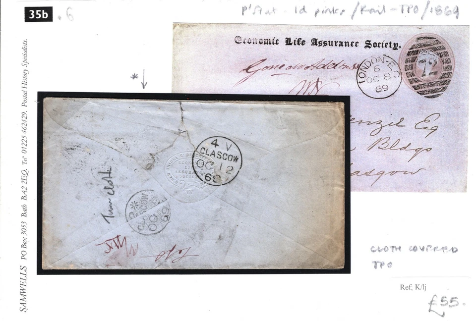 GB Cover *CLOTH COVERED TPO*Railway 1d Pink Stationery London Glasgow 1869 35b.6 - Image 3 of 4