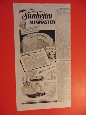 1942 SUNBEAM MIXMASTER Victory Cake Recipe vintage print ad