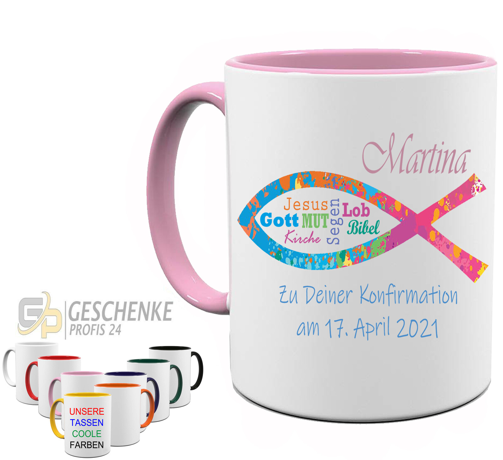 Personalisierte Geschenktasse mit Namen zur Konfirmation Tasse mit Fisch Symbol