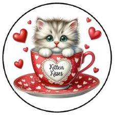 KITTEN KISSES TEA CUP VALENTINES DAY ENVELOPE SEALS LABELS STICKERS PARTY FAVORS