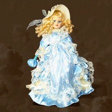 Rare Gorgeous Victorian Porcelain Doll in Blue Dress With White Lace & Sun Hat 