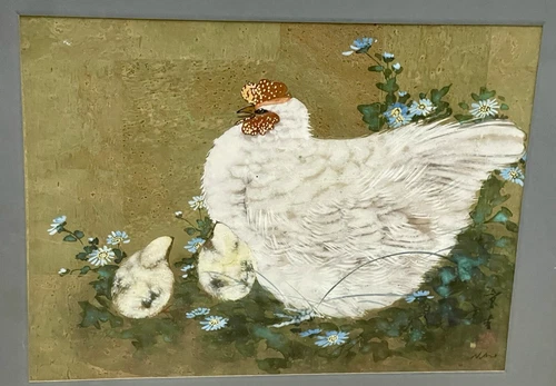 Hui-Chi Mau Chinese Artist "Chicken & Chicks" Original Gouache Painting
