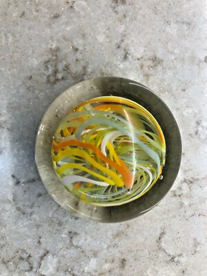 Yellow/Orange/White Swirl Paperweight Signed Susan And Tom