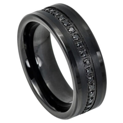 Tungsten Ring Prong-set Round Black CZs Eternity Band Black For Men & Women