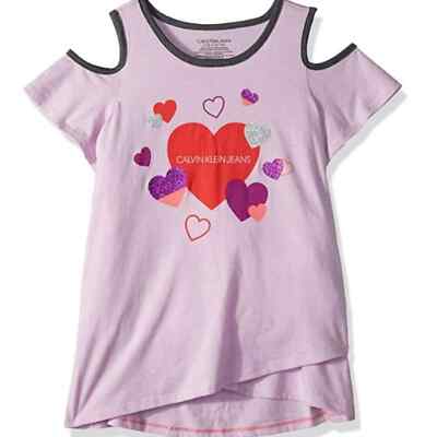 Calvin Klein Jeans Cold Shoulder Top Kids 5 NWT Purple Glitter Heart Graphic
