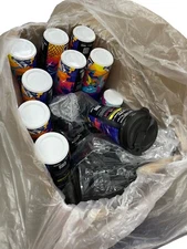 Box of 75 Whirley 20 oz Travel Mugs w/Snap Flip Lids Miami Grill Mural Fest Cups