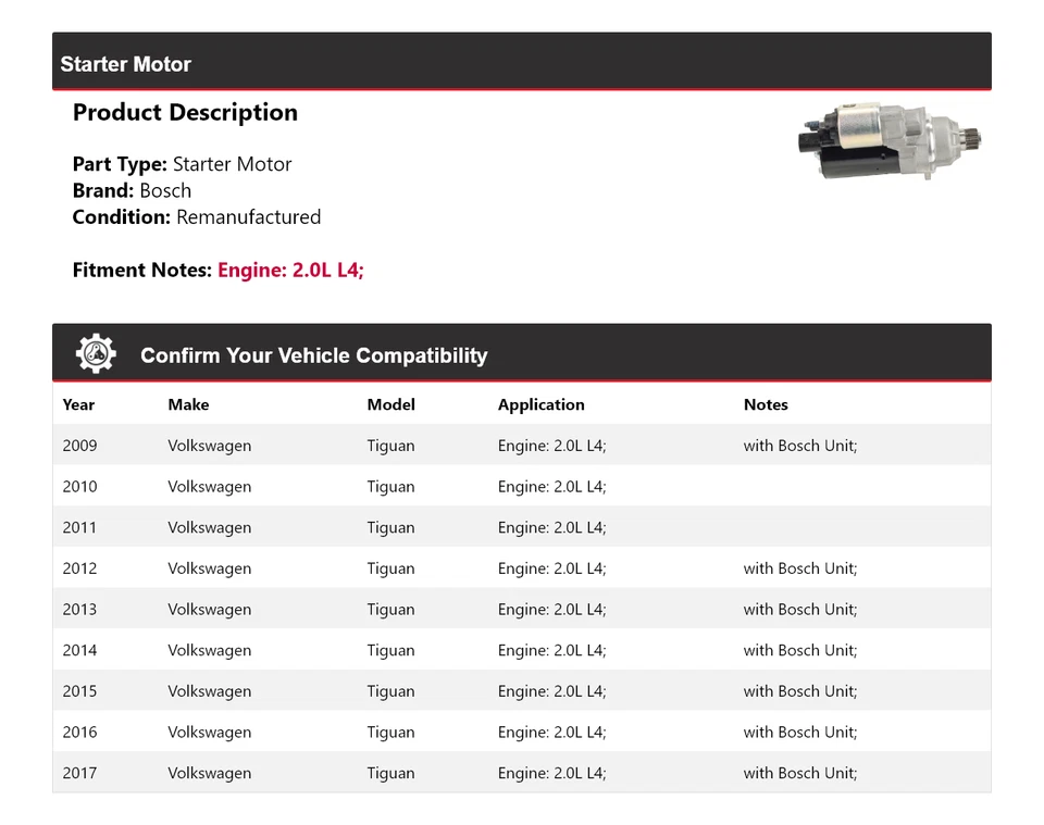 Arranque Bosch 2,0 L L4 2009-2017 Volkswagen Tiguan (remanufacturado) 2010 2011 Foto 2 de 4
