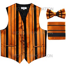 New Men's Tuxedo Vest Stripes Bowtie Hankie set formal prom wedding Black Gold