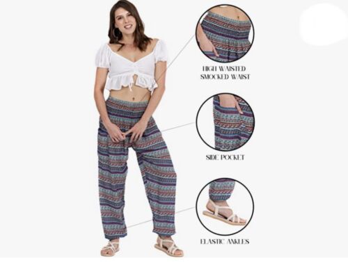 Lofbaz Women's Rayon Print Water Drop Smocked Waist Boho Harem Pants Blue XL - Picture 3 of 6