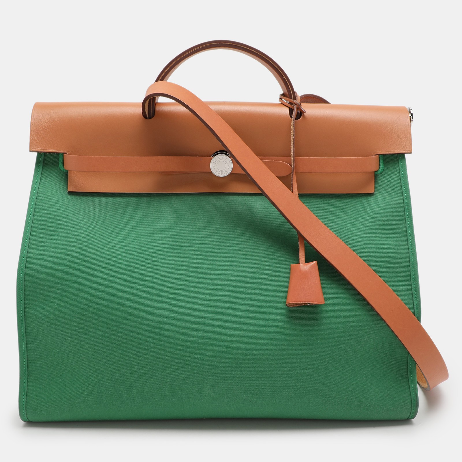 Hermes Herbag Zip 39 in Natural Green Toile Canvas and Vache Hunter Leather