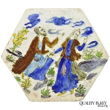 Antique Persian Iznik Qajar Style Ceramic Pottery Tile Hexagonal Blue Couple C5