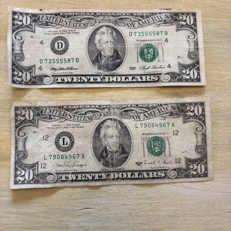 Series 1990 1993 $20 Dollar Bills Lot of 2 Small Face, Circulated