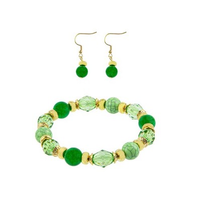 Green Aventurine and Gold Beaded Stretch Bracelet and Earring Set
