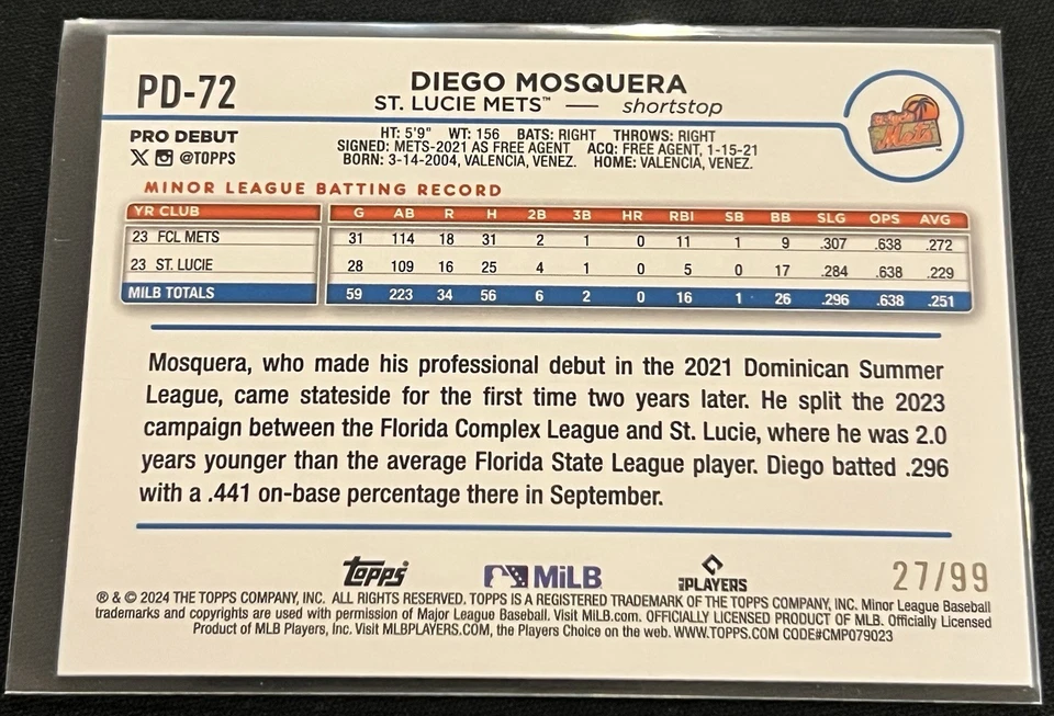 2024 Topps Pro Debut Diego Mosquera #PD-72 Green Foil Parallel /99 New York Mets - Image 2 of 4