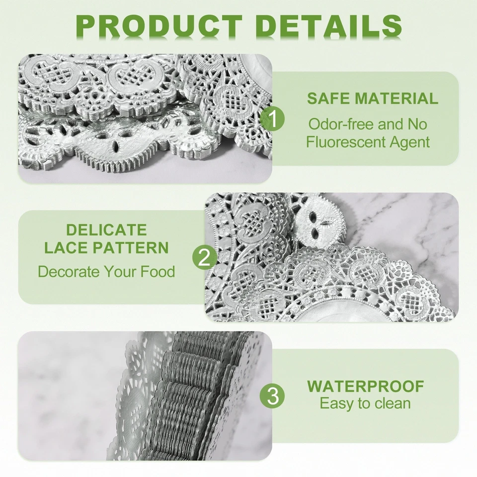 Paper Doilies, Round Lace Paper Placemats, 8" & 50 Pack & Silver Foto 3 de 4
